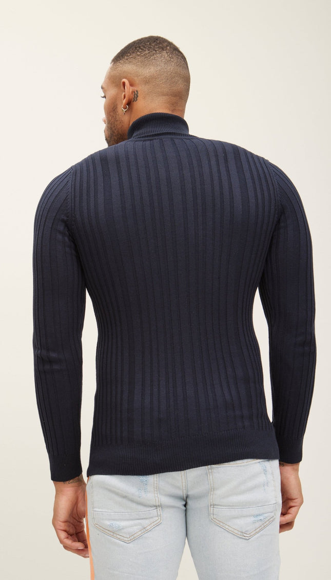 Roll Neck Ribbed Sweater - Navy - Ron Tomson