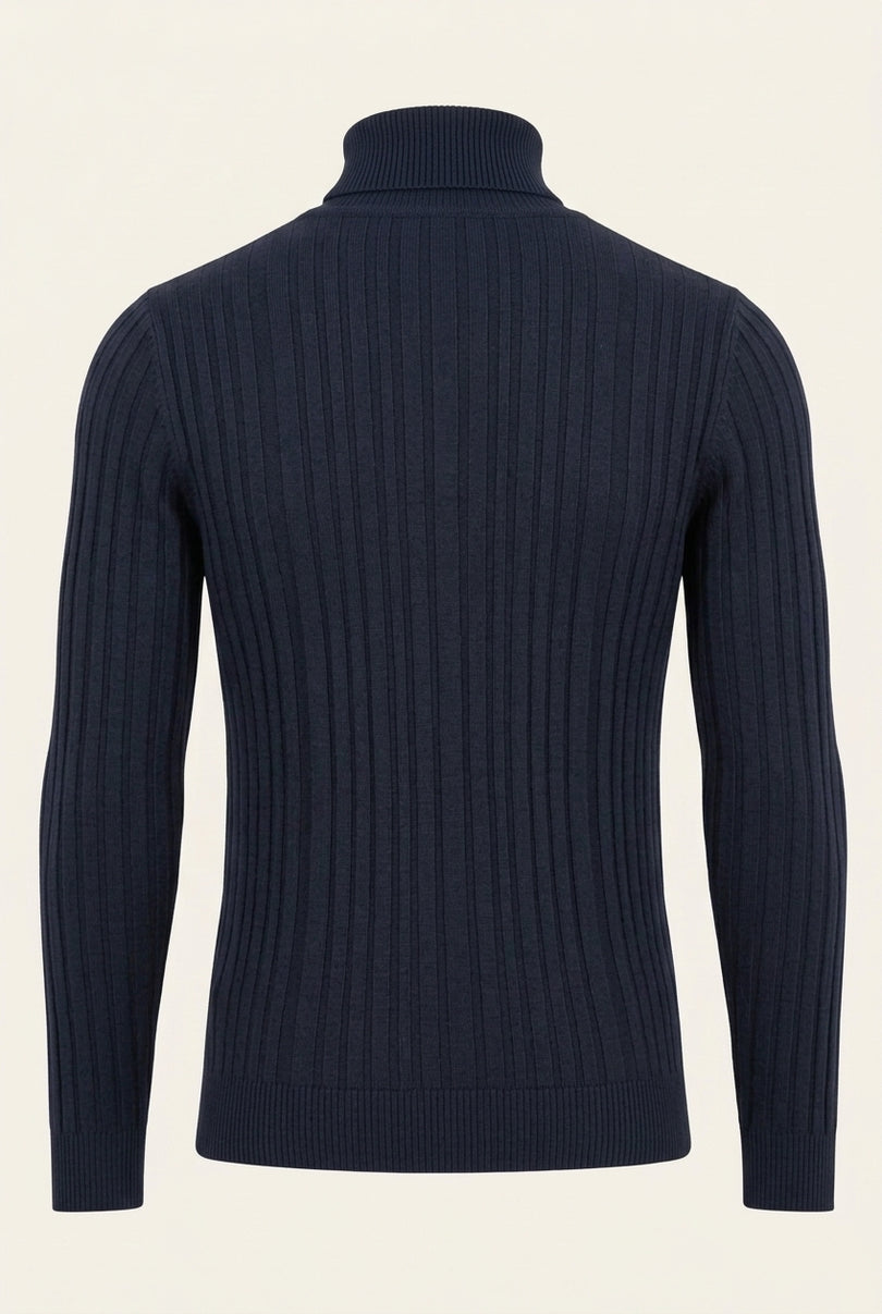 Roll Neck Ribbed Sweater - Navy - Back