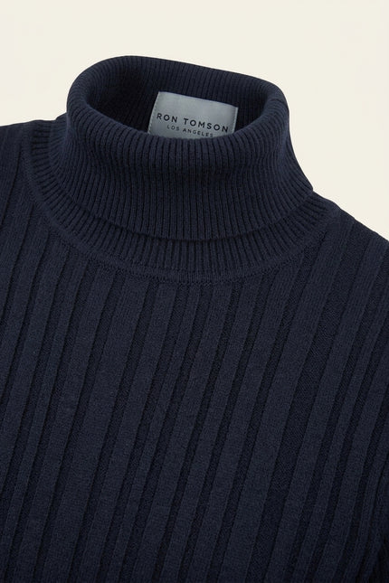 Roll Neck Ribbed Sweater - Navy - Detail