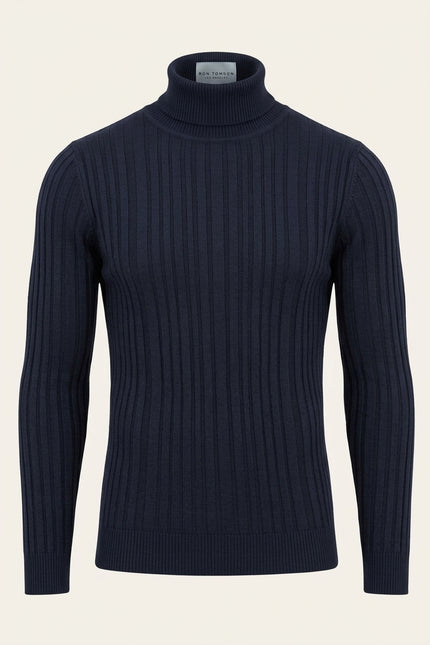 Roll Neck Ribbed Sweater - Navy - Front
