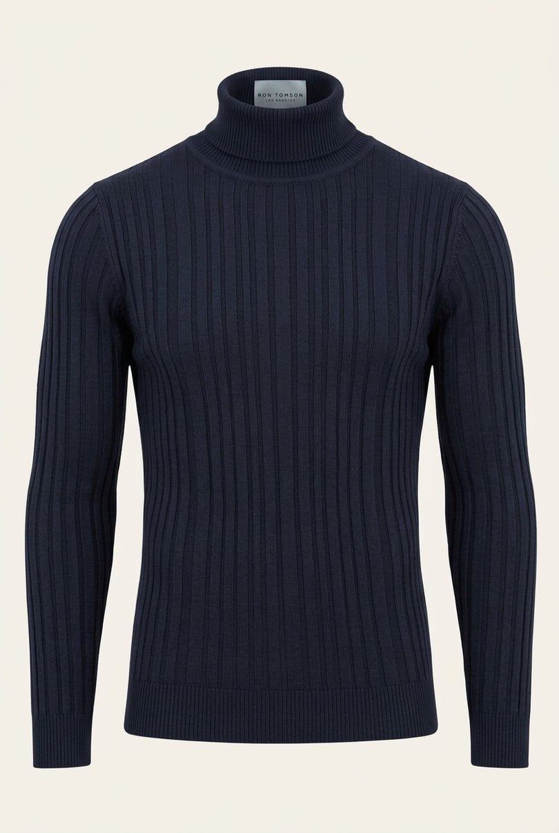 Roll Neck Ribbed Sweater - Navy - Front