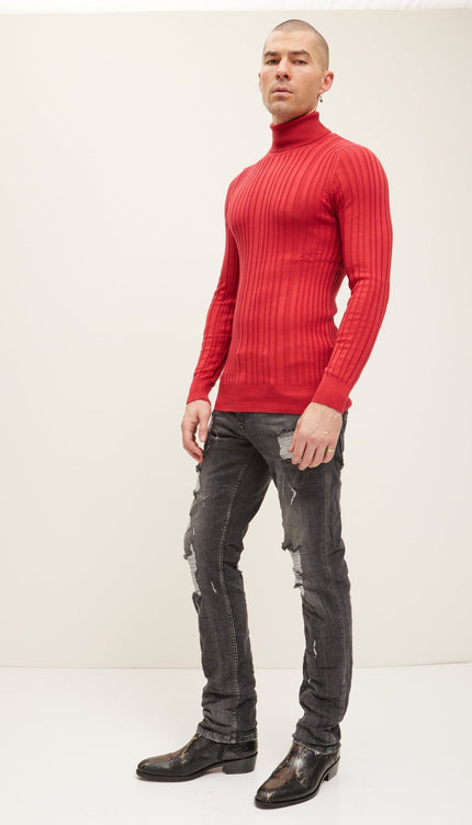 Roll Neck Ribbed Sweater - Red - Ron Tomson