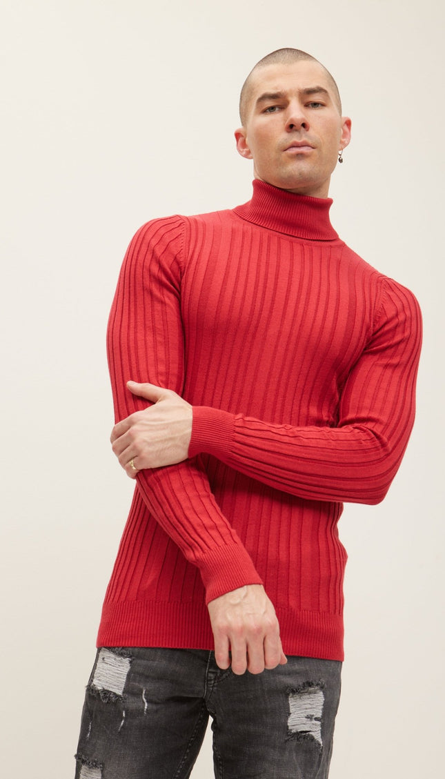 Roll Neck Ribbed Sweater - Red - Ron Tomson