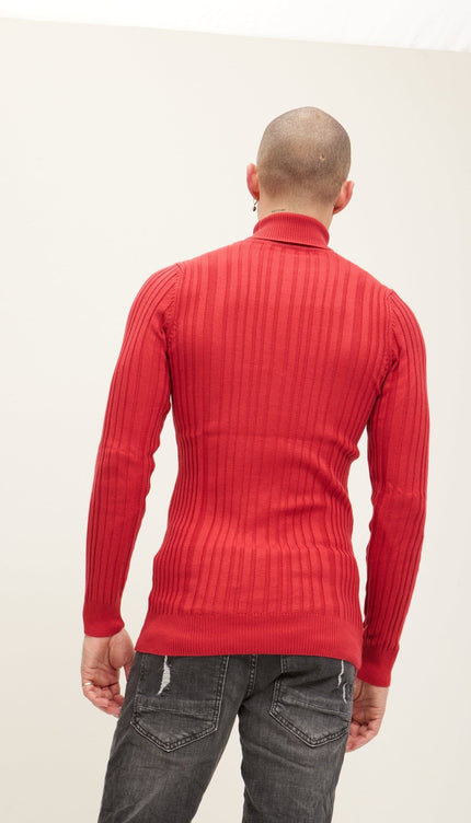 Roll Neck Ribbed Sweater - Red - Ron Tomson