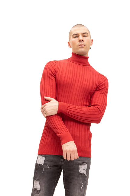 Roll Neck Ribbed Sweater - Red - Ron Tomson