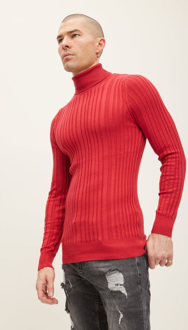 Roll Neck Ribbed Sweater - Red - Ron Tomson