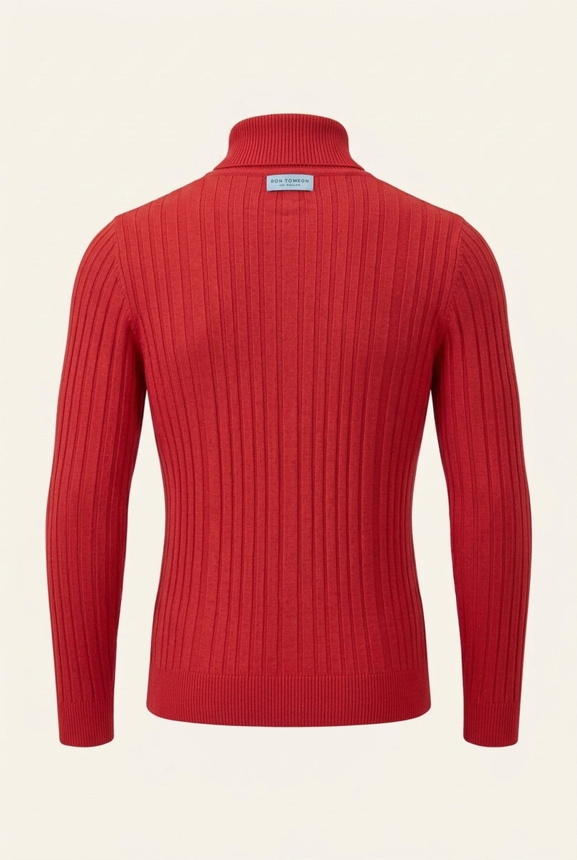 Roll Neck Ribbed Sweater - Red - Back