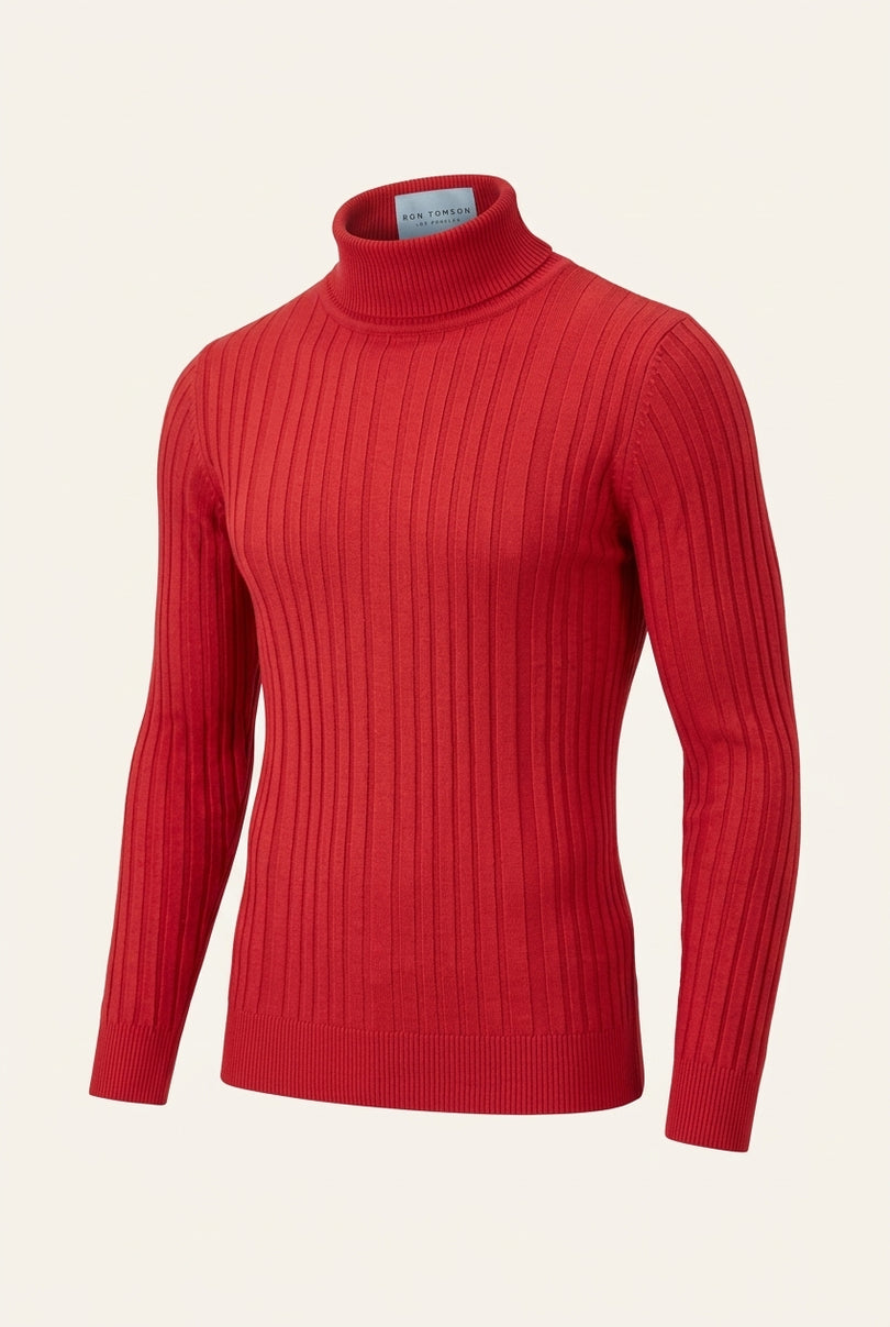 Roll Neck Ribbed Sweater - Red - Front