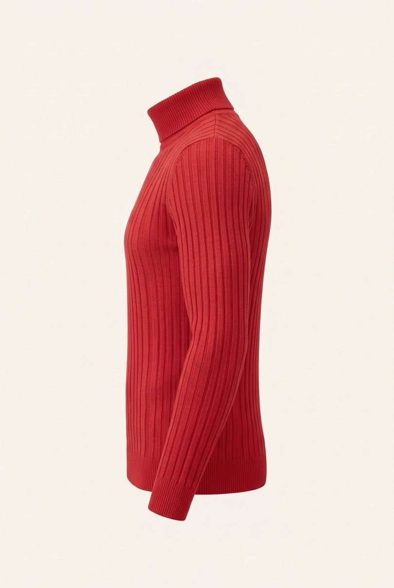 Roll Neck Ribbed Sweater - Red - Side