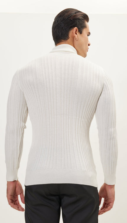 Roll Neck Ribbed Sweater - White - Ron Tomson