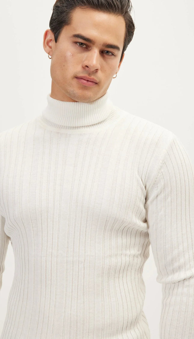 Roll Neck Ribbed Sweater - White - Ron Tomson