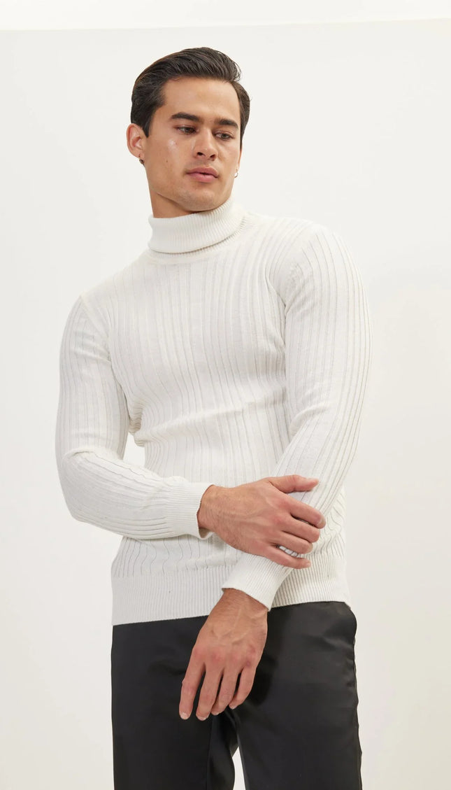 Roll Neck Ribbed Sweater - White - Ron Tomson