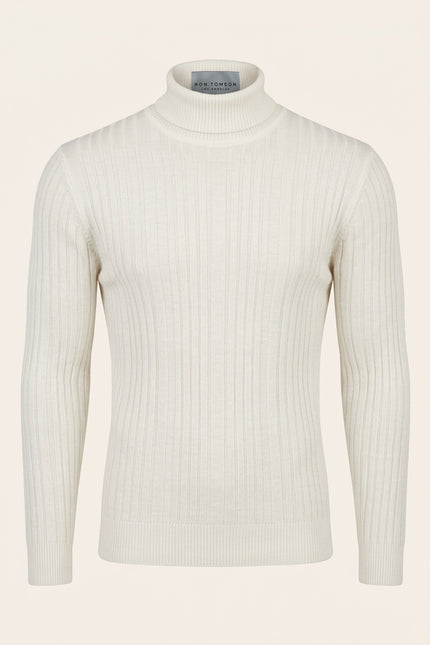 Roll Neck Ribbed Sweater - White - Front