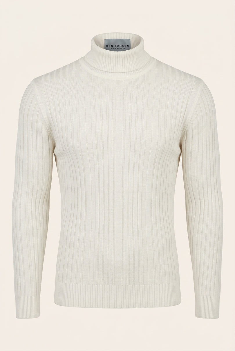 Roll Neck Ribbed Sweater - White - Front