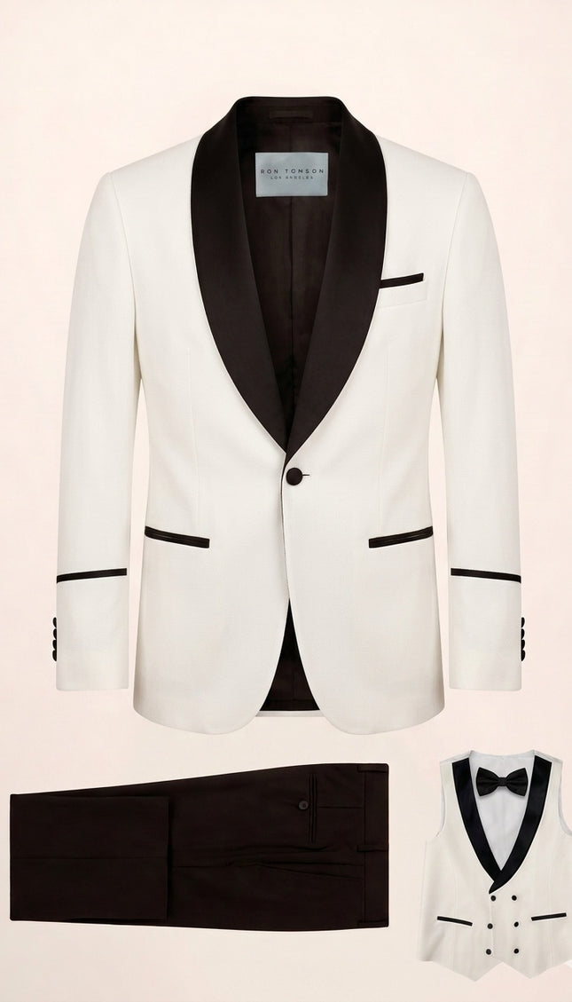 Ron Tomson white 3-piece mens tuxedo set with contrast black satin shawl lapels, matching vest, black pants, and bow tie.