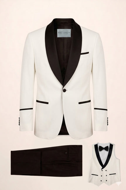 Ron Tomson white 3-piece mens tuxedo set with contrast black satin shawl lapels, matching vest, black pants, and bow tie.
