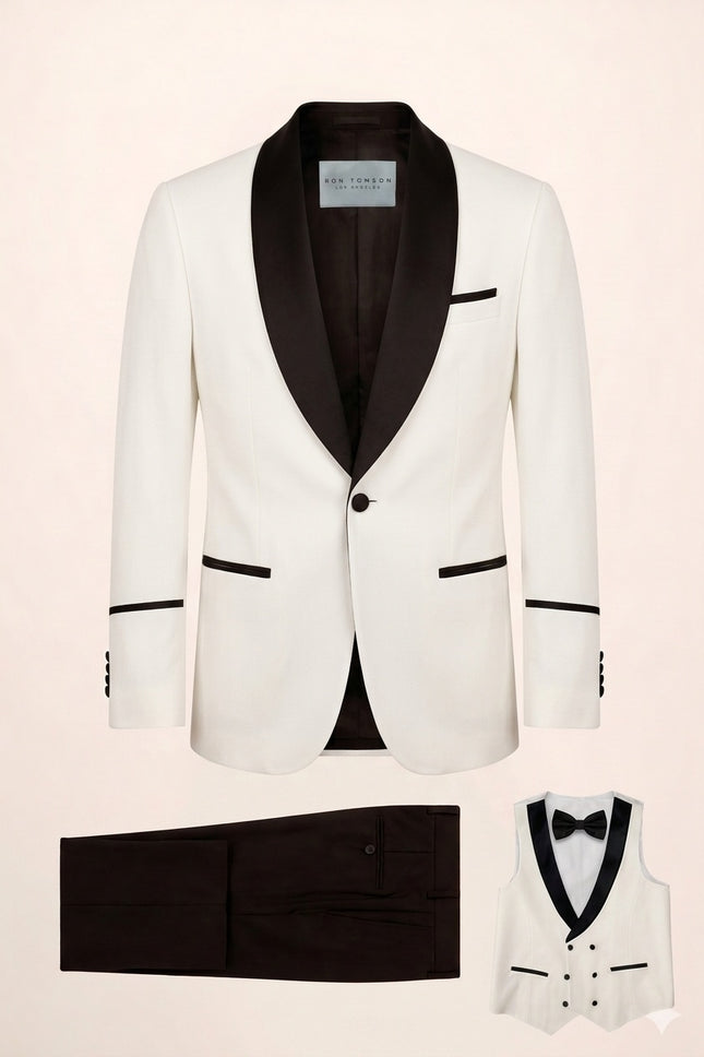 Ron Tomson white 3-piece mens tuxedo set with contrast black satin shawl lapels, matching vest, black pants, and bow tie.
