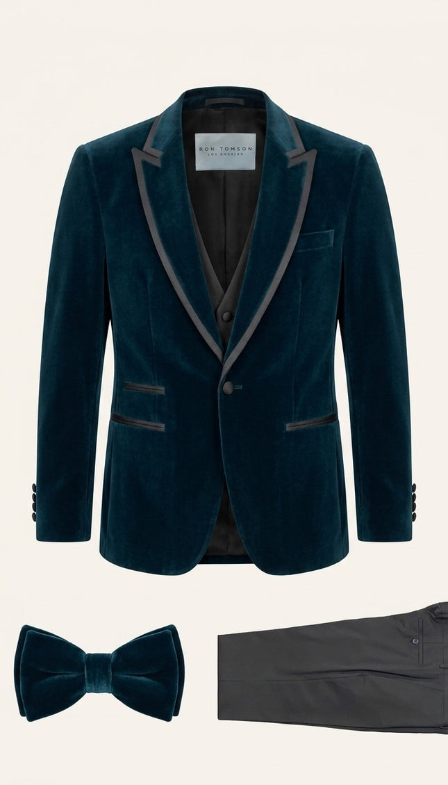 Ron Tomson Dark Teal Velvet Shawl Lapel 3-Piece Mens Tuxedo Suit with charcoal trim and matching bow tie