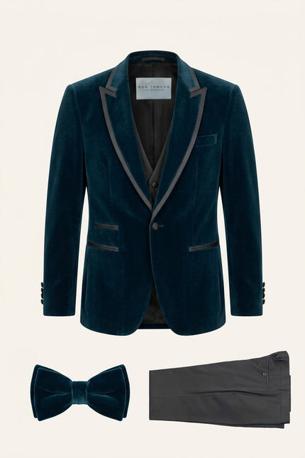Ron Tomson Dark Teal Velvet Shawl Lapel 3-Piece Mens Tuxedo Suit with charcoal trim and matching bow tie