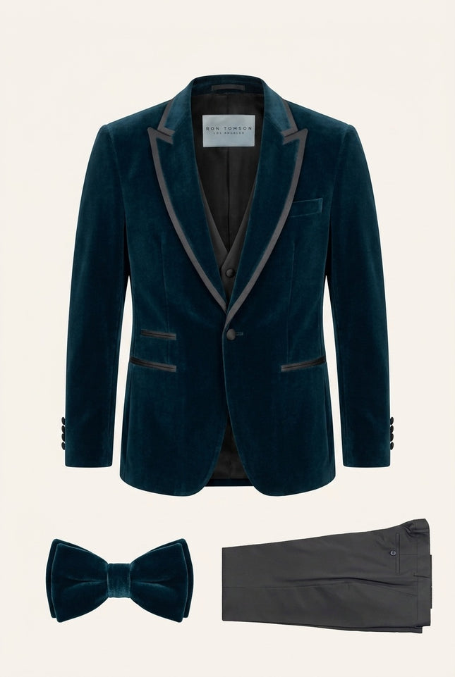 Ron Tomson Dark Teal Velvet Shawl Lapel 3-Piece Mens Tuxedo Suit with charcoal trim and matching bow tie