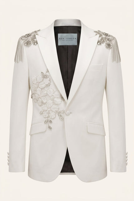 Ron Tomson Hand Appliqué Classic Embellished White Tuxedo Jacket with crystal and bead shoulder detail and floral appliqué