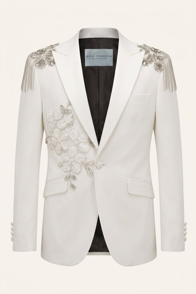 Ron Tomson Hand Appliqué Classic Embellished White Tuxedo Jacket with crystal and bead shoulder detail and floral appliqué