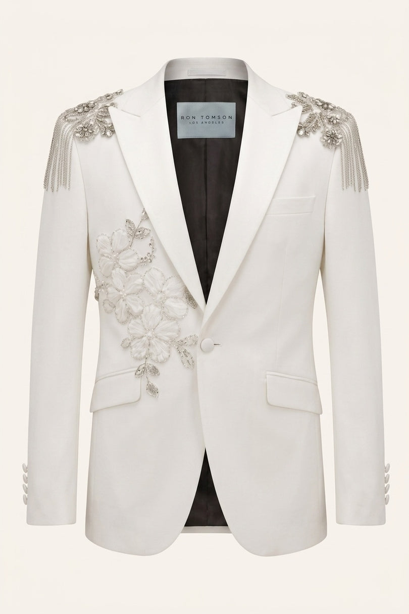 Ron Tomson Hand Appliqué Classic Embellished White Tuxedo Jacket with crystal and bead shoulder detail and floral appliqué