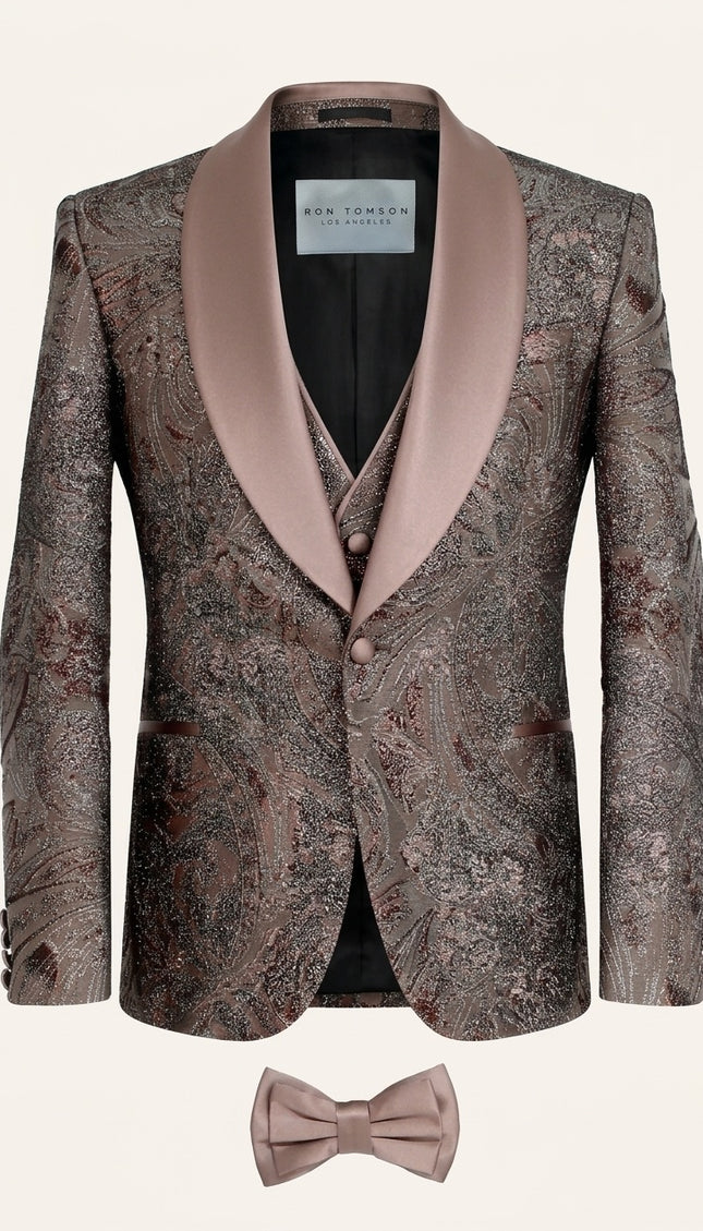 Ron Tomson Metallic Jacquard 3-Piece Tuxedo Suit in bronze-brown with paisley-floral pattern and satin shawl lapels.
