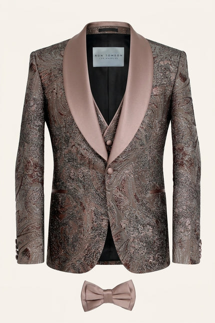 Ron Tomson Metallic Jacquard 3-Piece Tuxedo Suit in bronze-brown with paisley-floral pattern and satin shawl lapels.