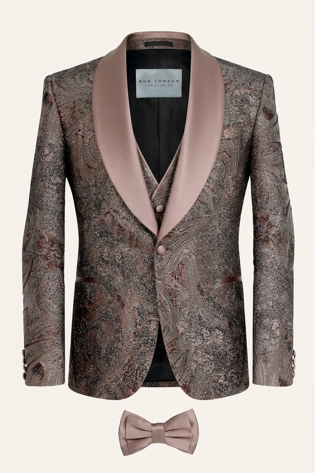 Ron Tomson Metallic Jacquard 3-Piece Tuxedo Suit in bronze-brown with paisley-floral pattern and satin shawl lapels.