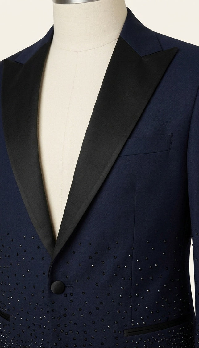 Ron Tomson Crystal Peak Lapel Tuxedo Set Navy - close-up detail of rhinestone embellishment and satin peak lapels