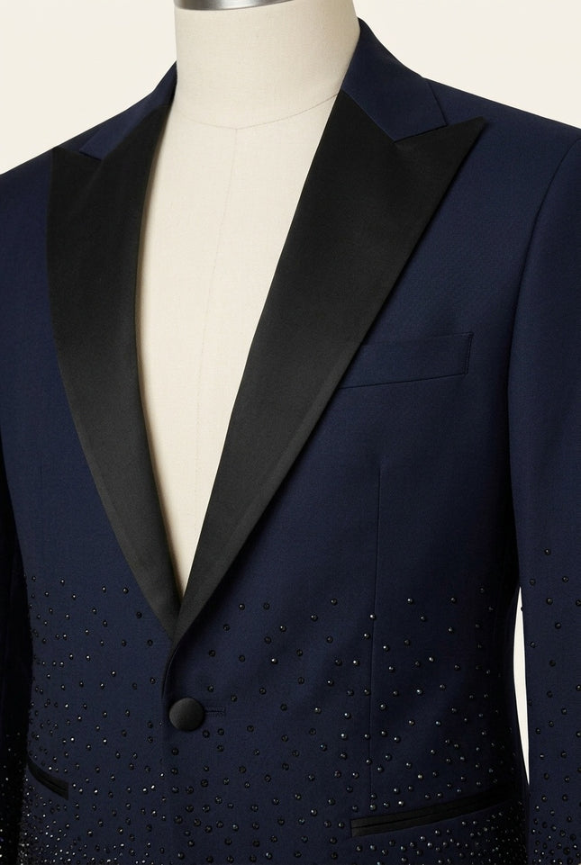 Ron Tomson Crystal Peak Lapel Tuxedo Set Navy - close-up detail of rhinestone embellishment and satin peak lapels