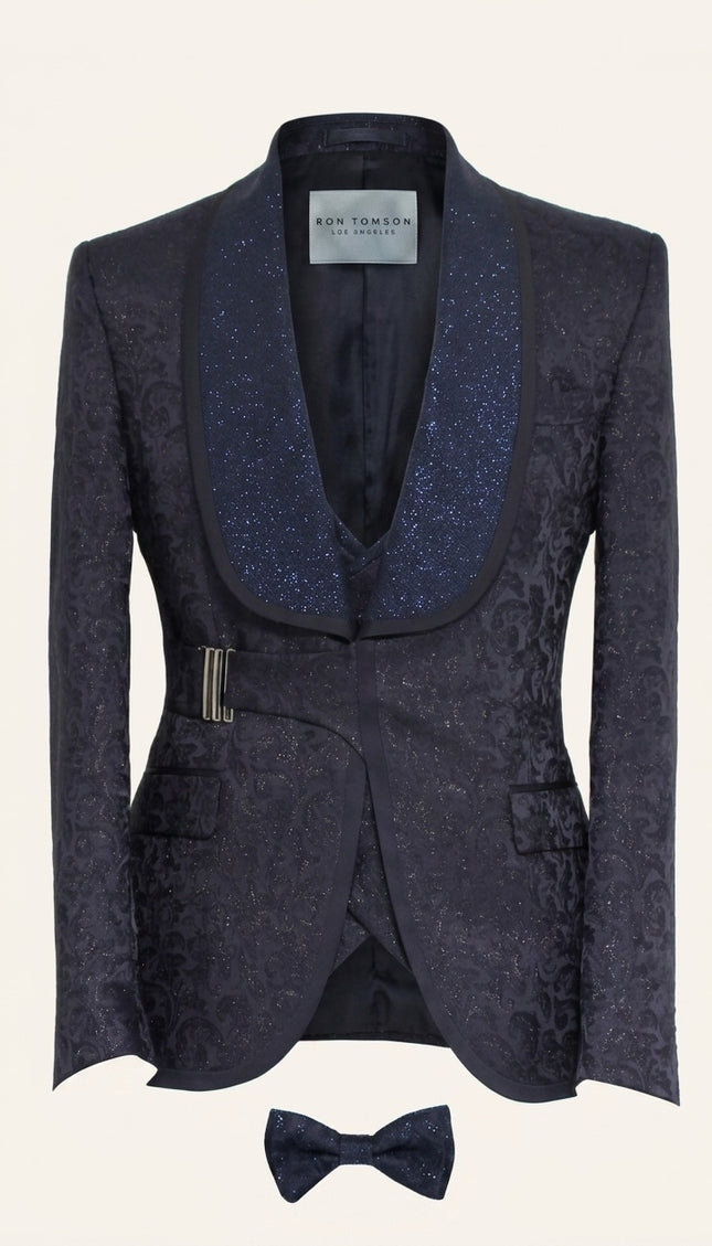 Ron Tomson Navy Blue Floral Jacquard Tuxedo Suit with Glitter Shawl Lapels and Vest for Men's Formal Wear