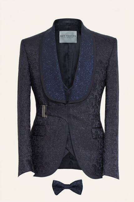 Ron Tomson Navy Blue Floral Jacquard Tuxedo Suit with Glitter Shawl Lapels and Vest for Men's Formal Wear
