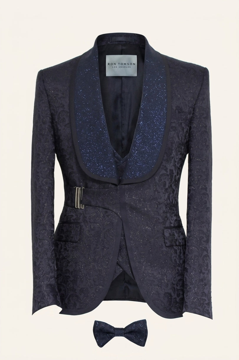 Ron Tomson Navy Blue Floral Jacquard Tuxedo Suit with Glitter Shawl Lapels and Vest for Men's Formal Wear