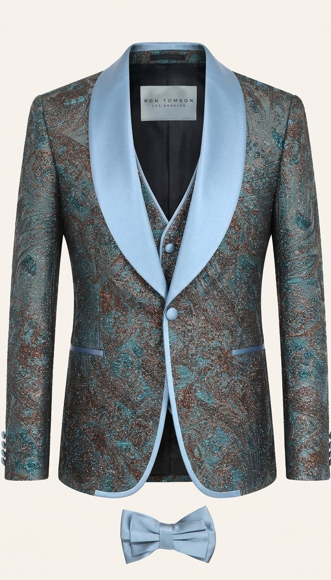 Teal Bronze Jacquard 3-Piece Suit with metallic threads and light blue satin shawl lapels, shown on model.
