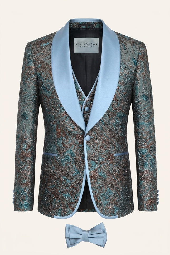 Teal Bronze Jacquard 3-Piece Suit with metallic threads and light blue satin shawl lapels, shown on model.