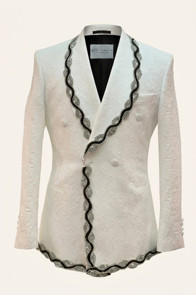 White Crystal Trimmed Jacquard Double-Breasted Dinner Jacket for men, featuring shawl lapels by Ron Tomson.
