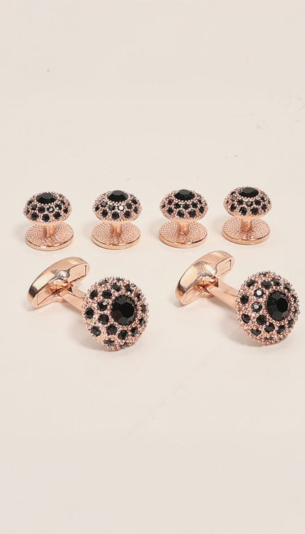 Rose Gold Dark Stone Encrusted Cufflinks Stud Set Rose Gold Black - Ron Tomson