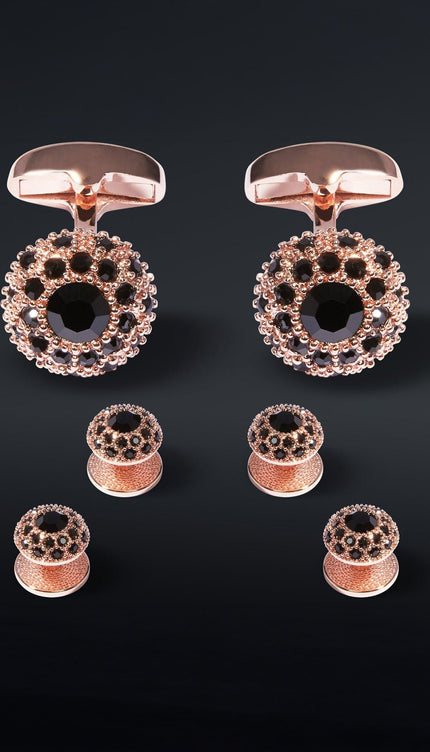 Rose Gold Dark Stone Encrusted Cufflinks Stud Set Rose Gold Black - Ron Tomson