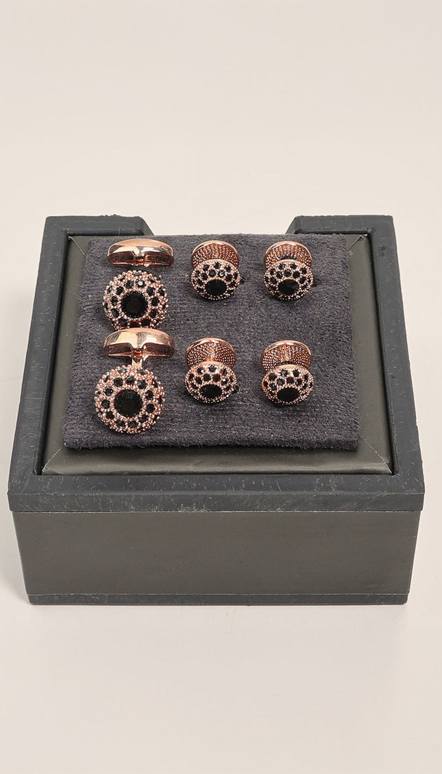 Rose Gold Dark Stone Encrusted Cufflinks Stud Set Rose Gold Black - Ron Tomson