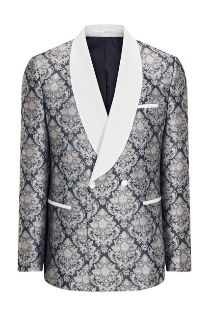 Royal Textured Double Breasted Tuxedo Jacket - Navy White - Ron Tomson