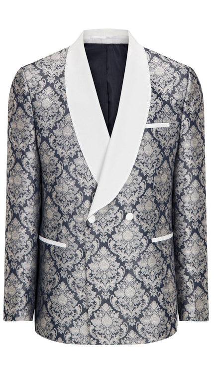 Royal Textured Double Breasted Tuxedo Jacket - Navy White - Ron Tomson