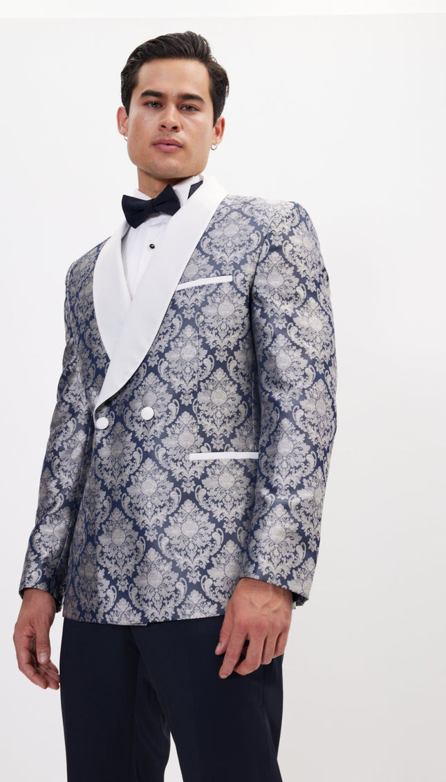 Royal Textured Double Breasted Tuxedo Jacket - Navy White - Ron Tomson