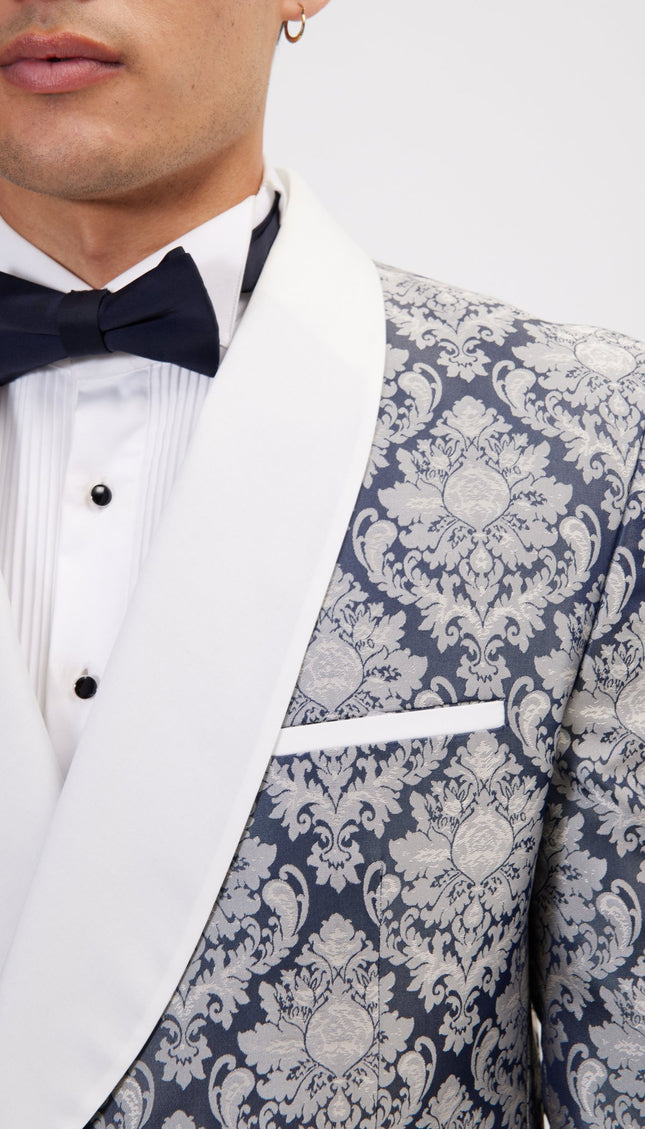 Royal Textured Double Breasted Tuxedo Jacket - Navy White - Ron Tomson