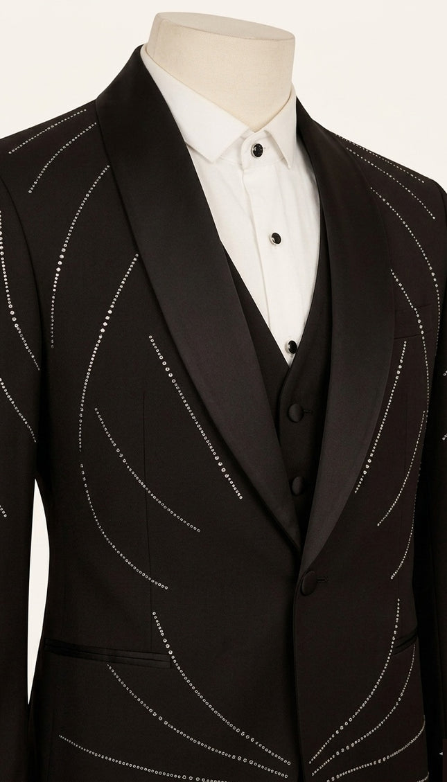 Crystal shawl lapel tuxedo jacket detail showing rhinestone embellishment - Ron Tomson