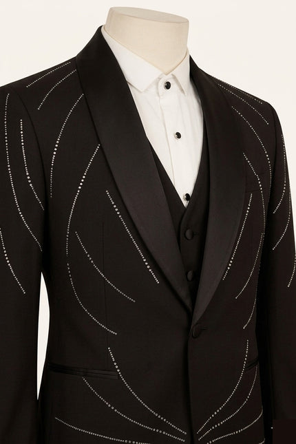 Crystal shawl lapel tuxedo jacket detail showing rhinestone embellishment - Ron Tomson