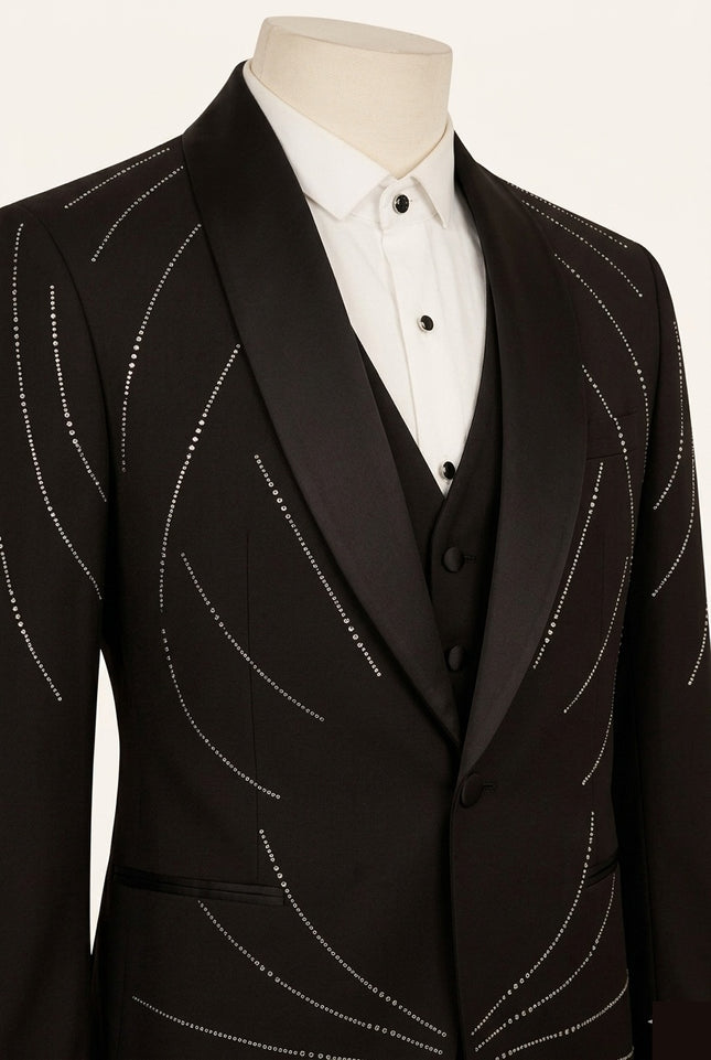Crystal shawl lapel tuxedo jacket detail showing rhinestone embellishment - Ron Tomson