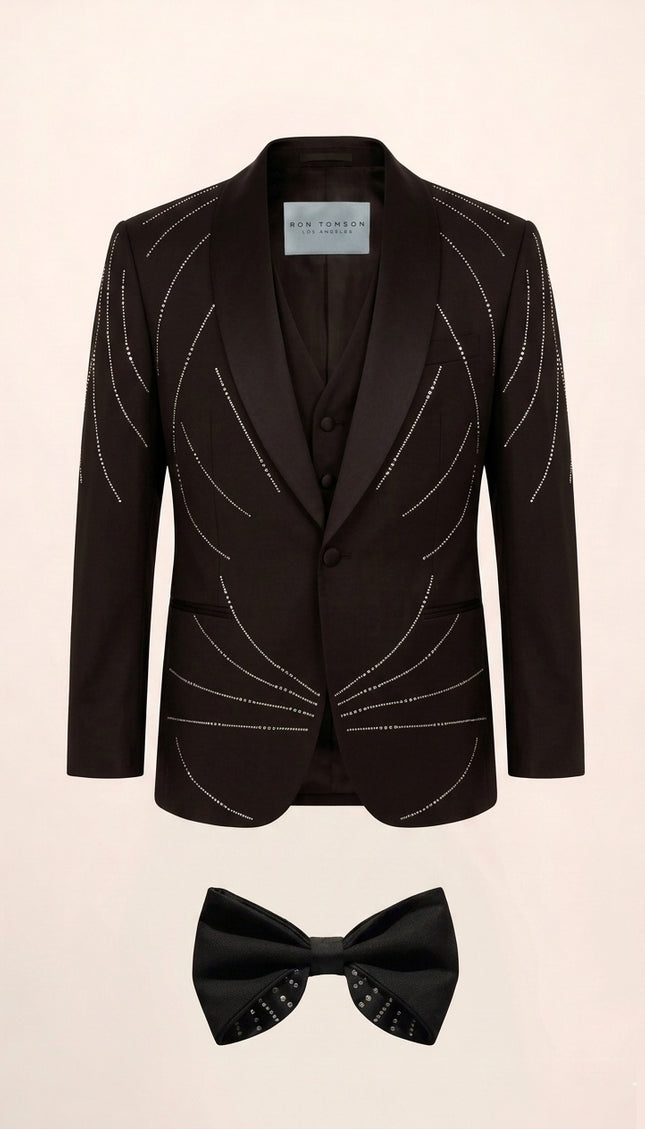 Crystal shawl lapel tuxedo set with vest and bow tie in black - Ron Tomson