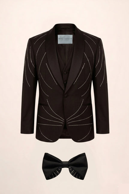 Crystal shawl lapel tuxedo set with vest and bow tie in black - Ron Tomson